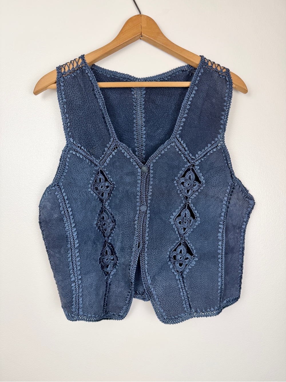 Blue Suede Patchwork Crochet Vest Western Festival Concert Leather Waistcoat